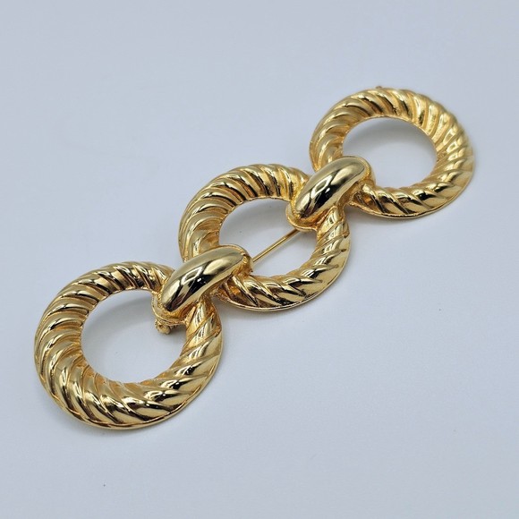 Estate Brooch Gold Tone Triple Twisted Loop Large Fancy Jewelry Pin - Picture 3 of 6
